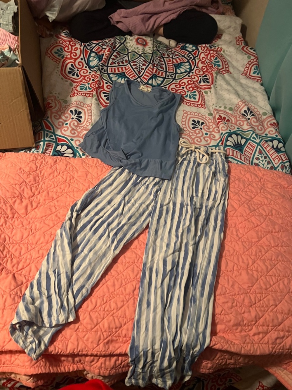 btween Light Blue Tank & White-Blue Striped Pajama Set